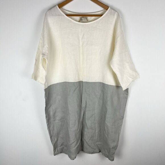 Magic Linen Dresses & Skirts - Magic Linen Color-Block Linen Dress Adria in White and Gray Lagenlook XL Pocket​